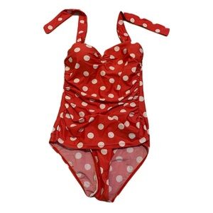 Retro Red & White Polka Dot Ruched Halter One-Piece Swimsuit- Small